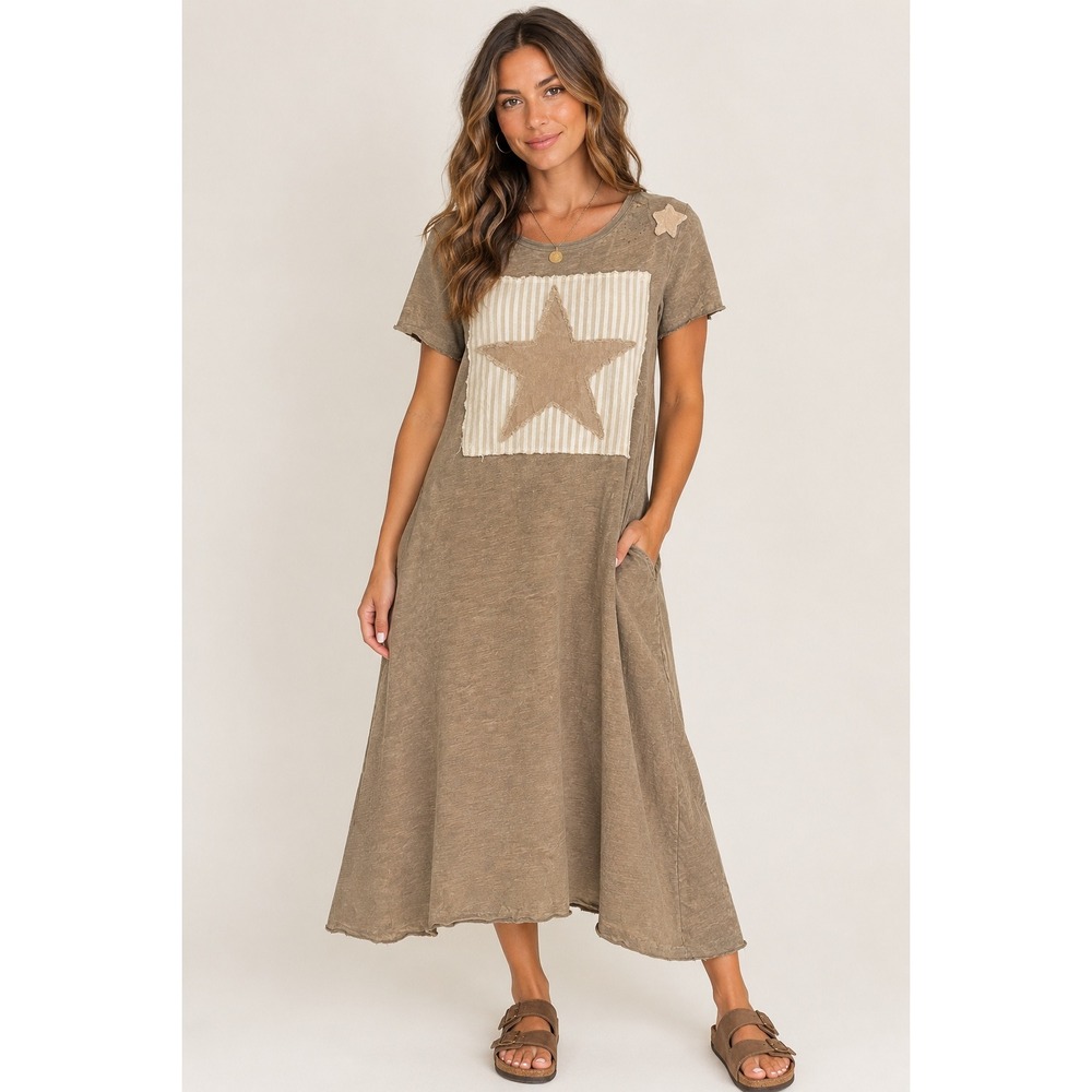 Jaded Gypsy Starlight Star Patch Tee Dress Olive Tan OS NWT Bohemian Distressed